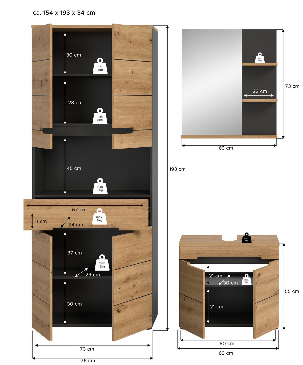 BADMÖBEL-SET Eiche, grau 3-teilig 154 cm, Komplettset mit Soft-Close - Schwarz/Eiche Artisan, Glas/Holzwerkstoff (154/193/34cm) - Inn.Furn
