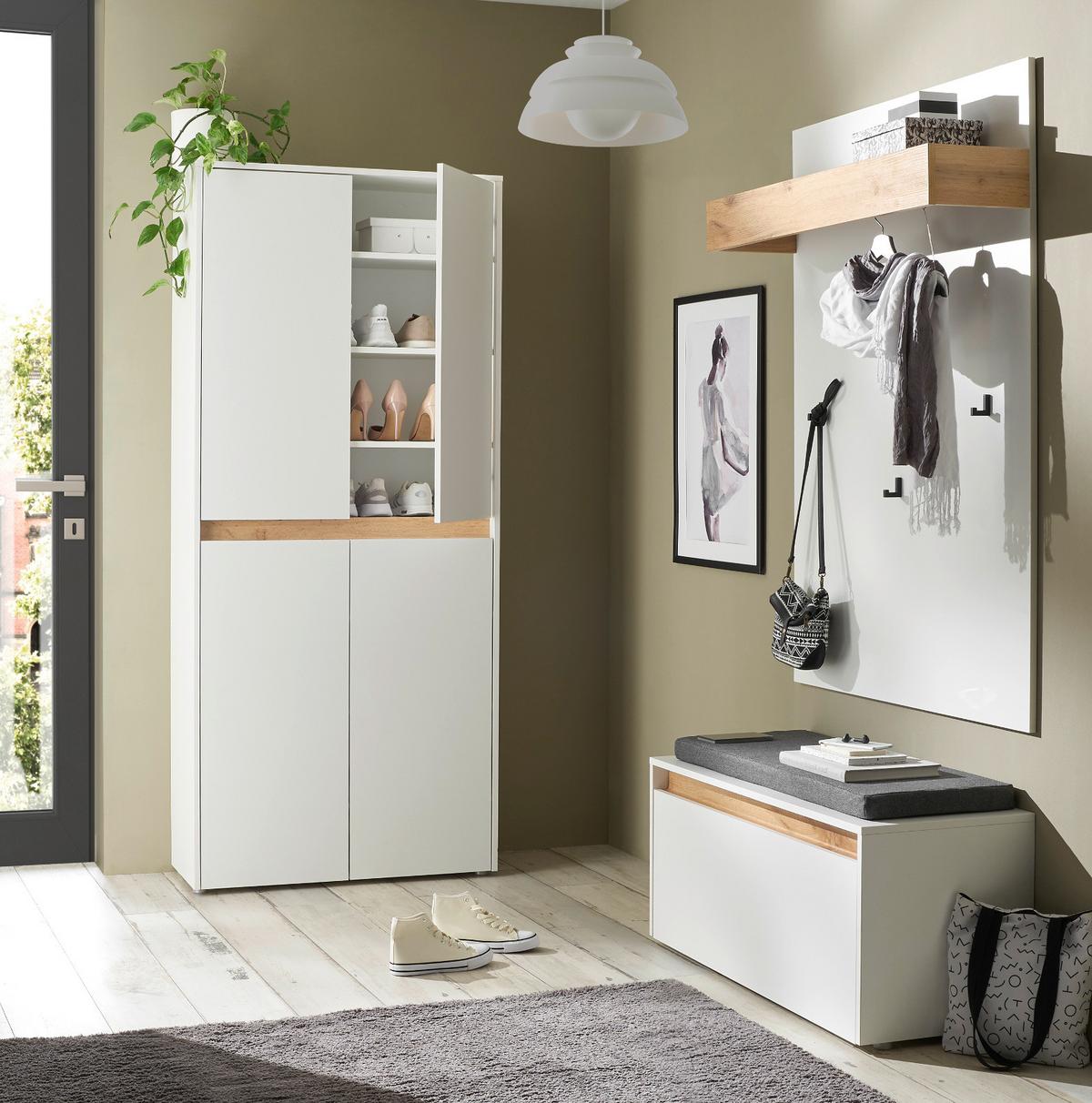 GARDEROBEN-SET weiß matt, Eiche Wotan 195 cm 4-teilig, Flurgarderobe mit viel Stauraum - Eiche Wotan/Schwarz, Holzwerkstoff/Kunststoff (195/200/40cm) - Furn.Design