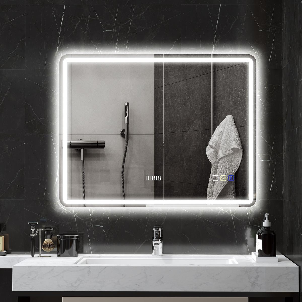 BADEZIMMERSPIEGEL mit LED-Beleuchtung, Anti-Beschlags-Pad, 3 verstellbare Farben - Silberfarben, Glas (3.5/70/90cm) - HOMCOM