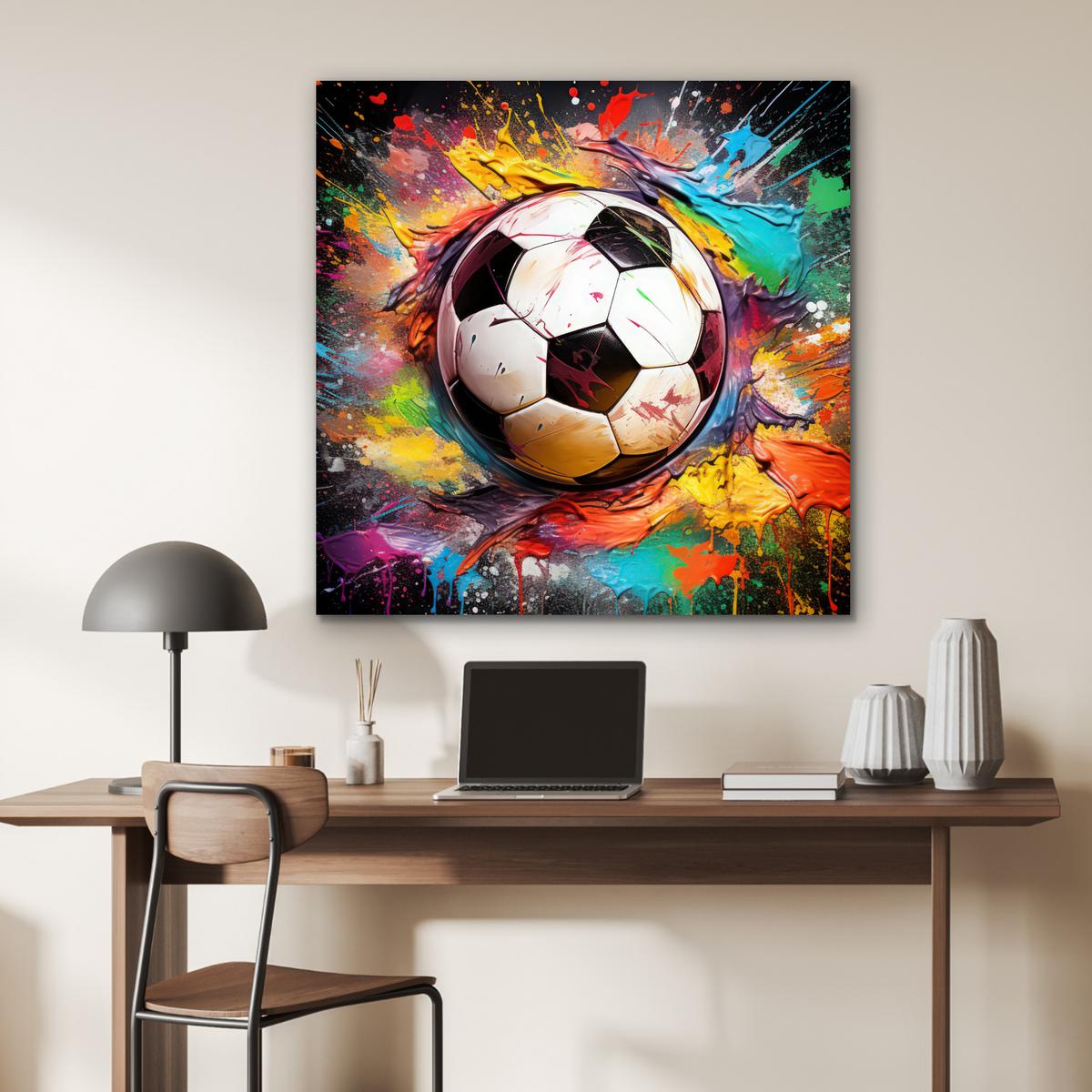 METALLBILD Fußball - Farbe - Farben - Schwarz - Weiß 90x90 cm - Weiß, Metall (90/90cm) - MuchoWow