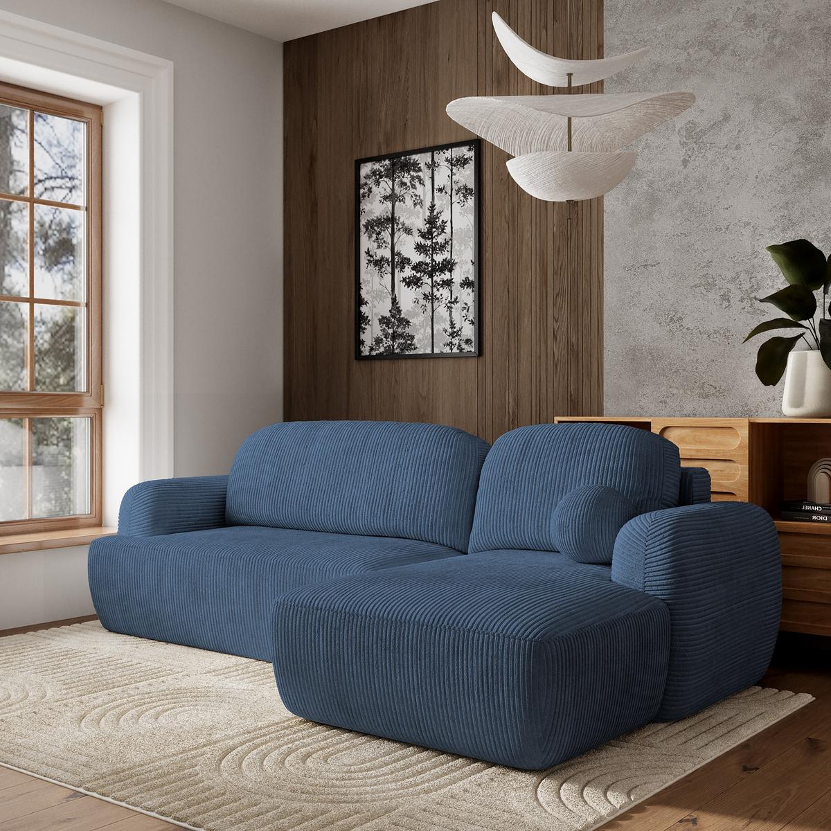 ECKSOFA MODENZA P R-S Blau Kordstoff mit Schlaffunktion - Blau/Schwarz, Holz/Kunststoff (266/148cm) - MASSENO