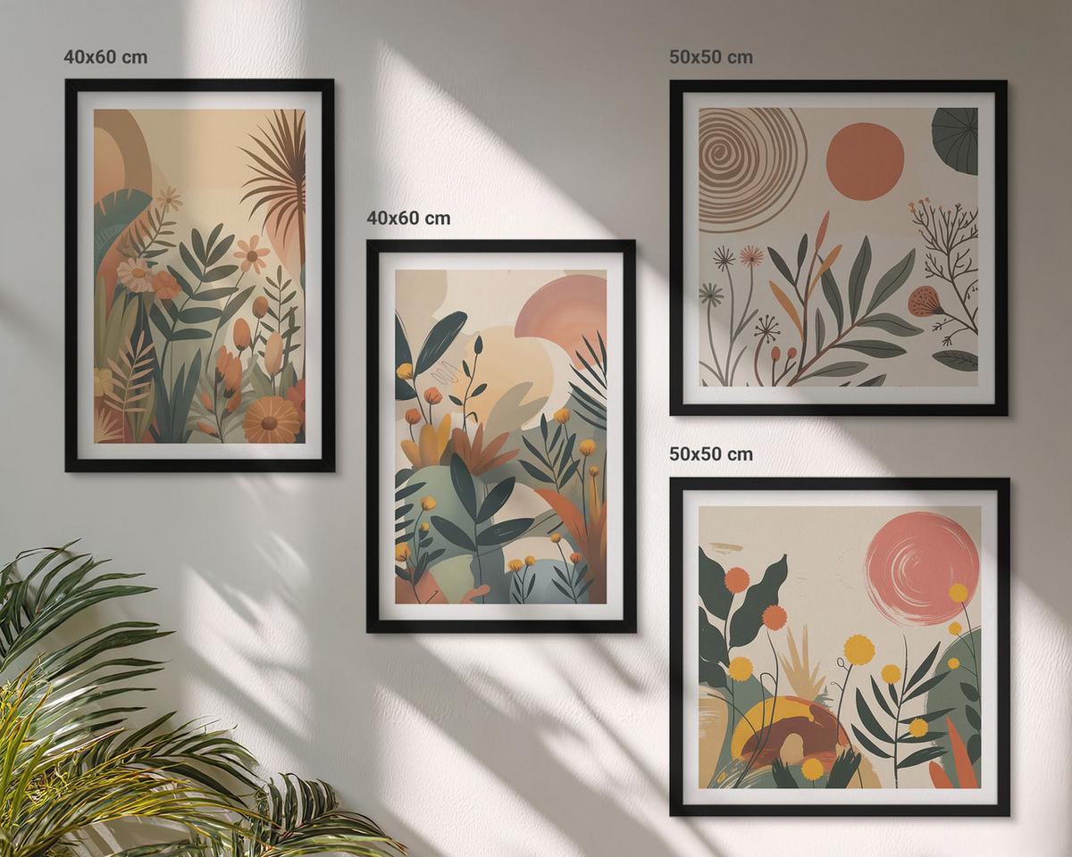 BILDER SET 4er Set - 50x50 cm & 40x60 cm Schwarzer Rahmen - Pflanzenmotive in Farben - Schwarz, Kunststoff (50/50cm) - TULUP