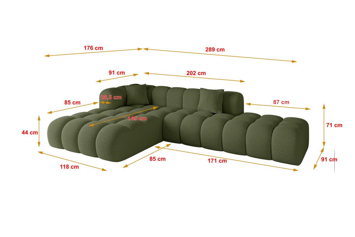 ECKSOFA Ottomane Links OLEA-L2 - 289x176x71 cm Grün - Platinfarben/Schwarz, Holzwerkstoff/Kunststoff (190/309cm) - ALTDECOR