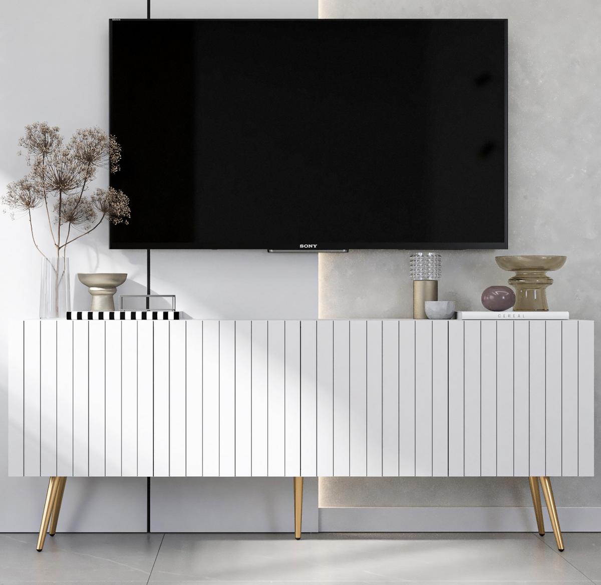 TV-SCHRANK Elpis Weiß Matt mit goldenen Metallbeine Glamour 150 cm - Goldfarben/Weiß, Holzwerkstoff/Metall (150/60.5/36.5cm) - Meble Lindner