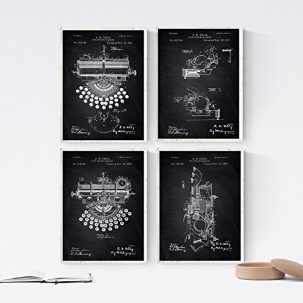 POSTER Set mit 4 SCHWARZ PATENTEN Schreibmaschinen A4 Schwarzer Rahmen - Schwarz, Papier (29.7/3cm) - Nacnic