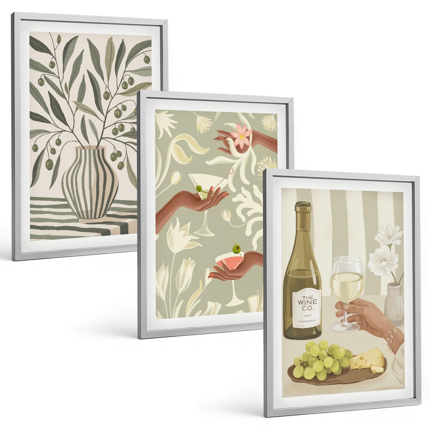 BILDER SET 3er Set - 40x60 cm Silberner Rahmen - Rustikale Cocktails mit Olivenblüten - Silberfarben, Kunststoff (40/60cm) - TULUP