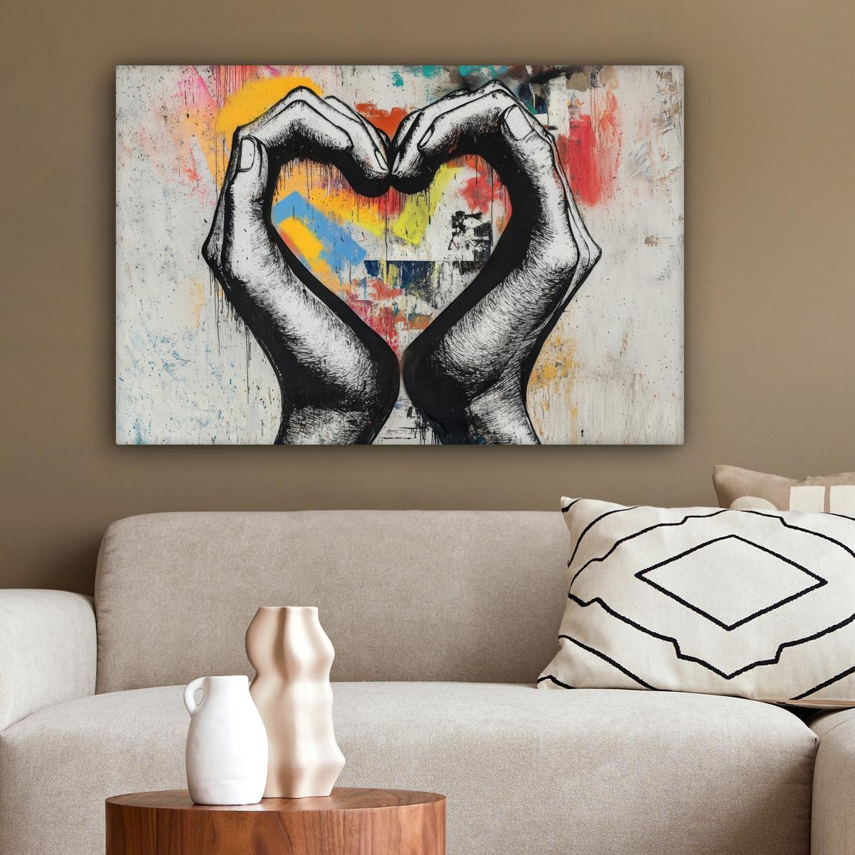 LEINWANDBILD Hände - Herz - Straßenkunst - Graffiti Wanddeko 90x60 cm - Multicolor, Textil (90/60cm) - MuchoWow