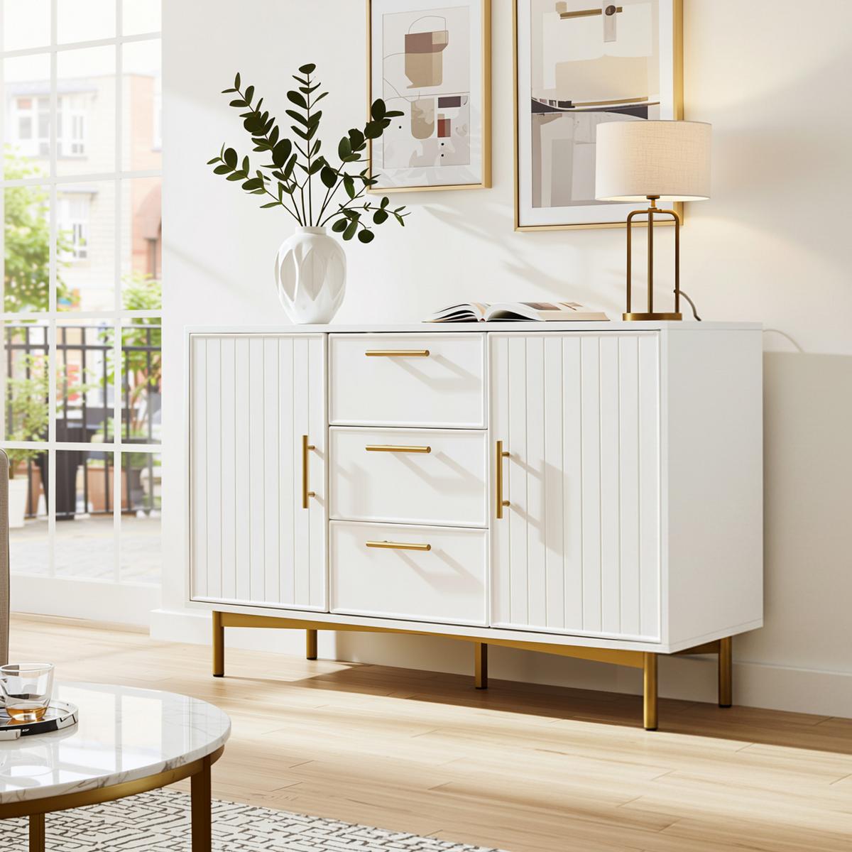 SIDEBOARD holzwerkstoff weiß mit rillenfront, 2 türen & 3 schubladen - Weiß, Holzwerkstoff (120/40/75cm) - Urban Meuble