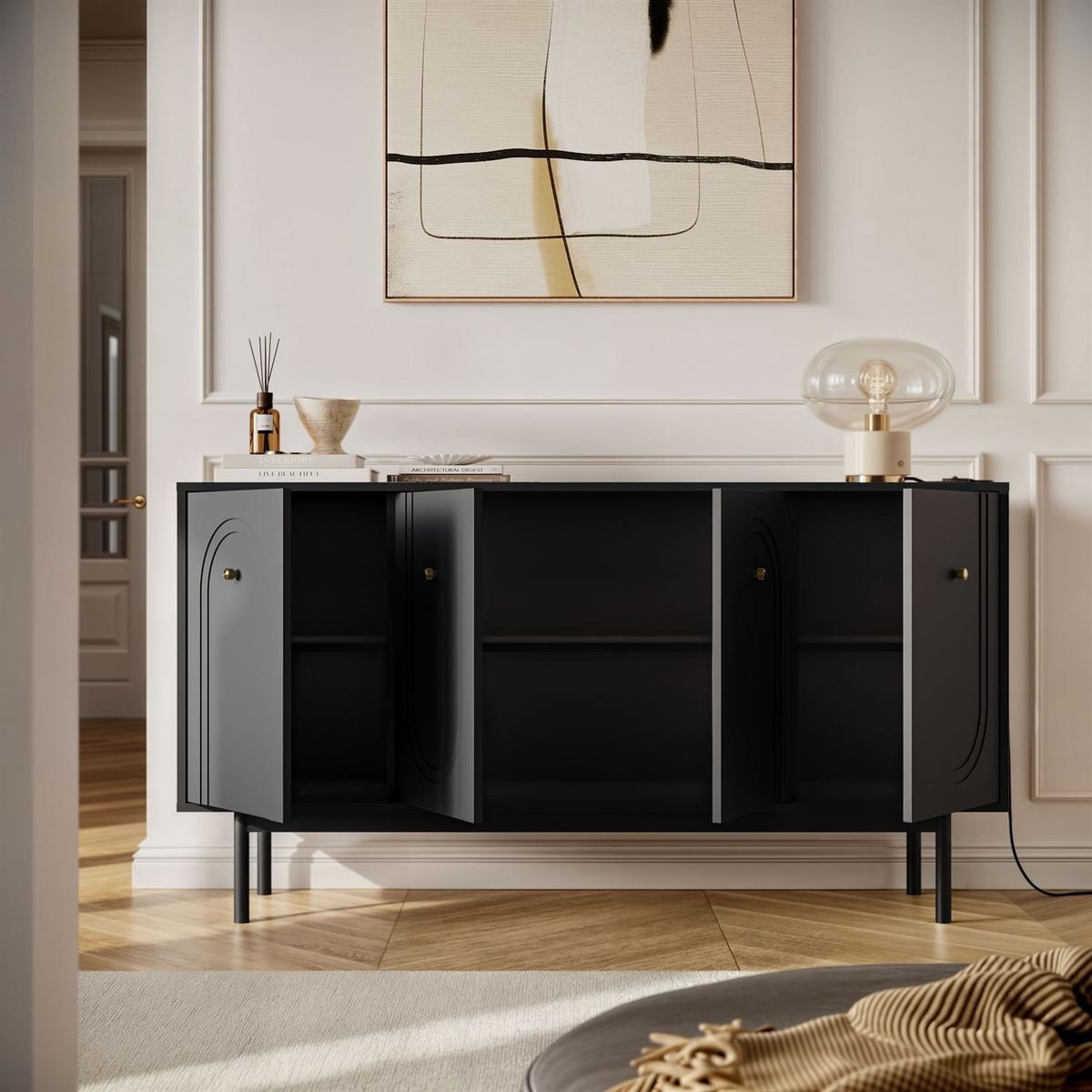 SIDEBOARDS LIBERTY 4D auf Holzbeinen schwarz - Schwarz, Holzwerkstoff (154/82/39cm) - Lookway