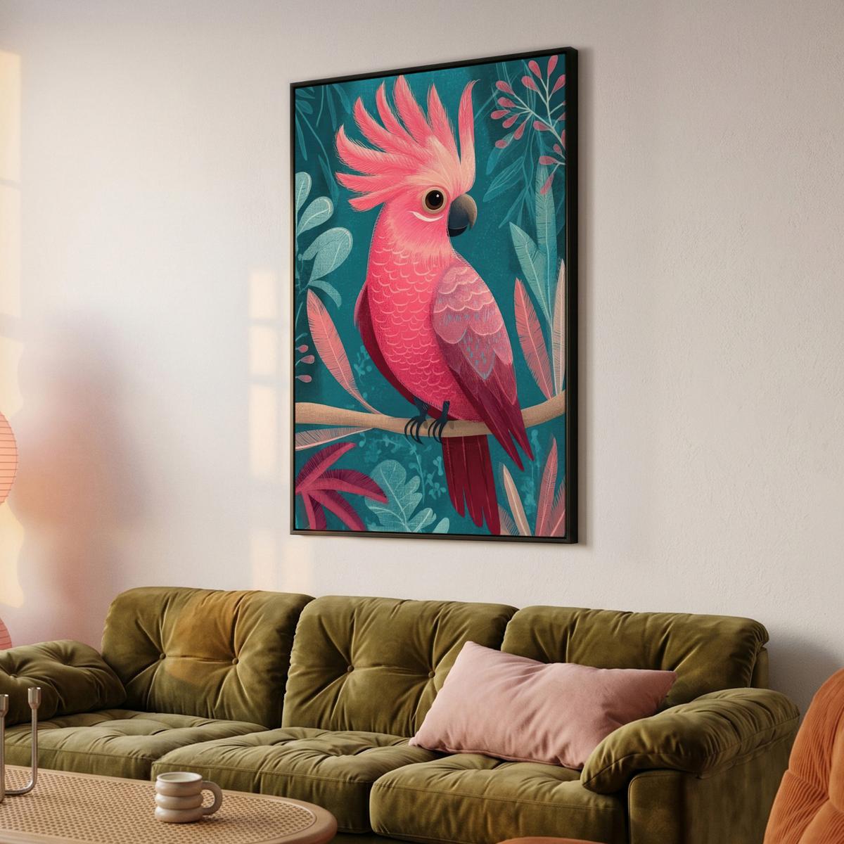 LEINWAND Bilder mit Rahmen - Kakadu - Tropische Blätter - Zweig - 80x120 - Petrol, Textil (80/120cm) - MuchoWow