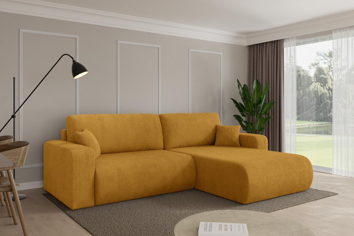 ECKSOFA mit Schlaffunktion Ottomane Rechts BERY-L 276x193x88 Senfgelb Cord - Dunkelgelb/Schwarz, Holzwerkstoff/Kunststoff (276/193cm) - ALTDECOR