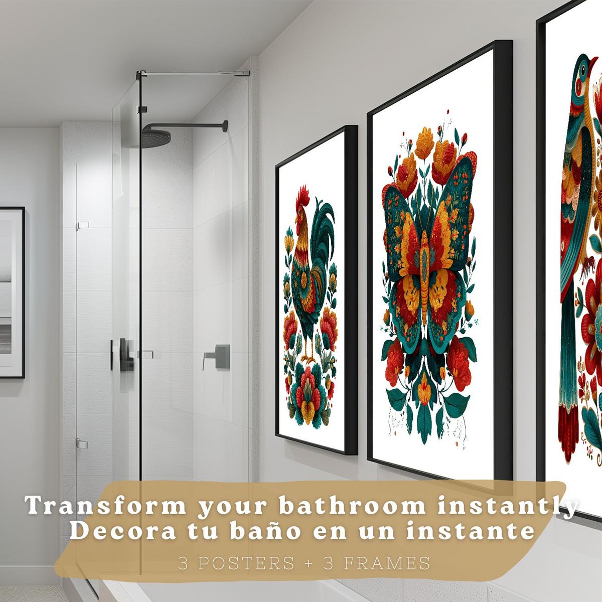 POSTER 3er-Set dekorative Badezimmer-Kunstdrucke, farbenfrohe im Stil der Volkskunst, Toilette mit Hahn, Schmetterling und Vögeln Schwarzer Rahmen A3 - Schwarz, Papier (42/29.7/3cm) - Nacnic