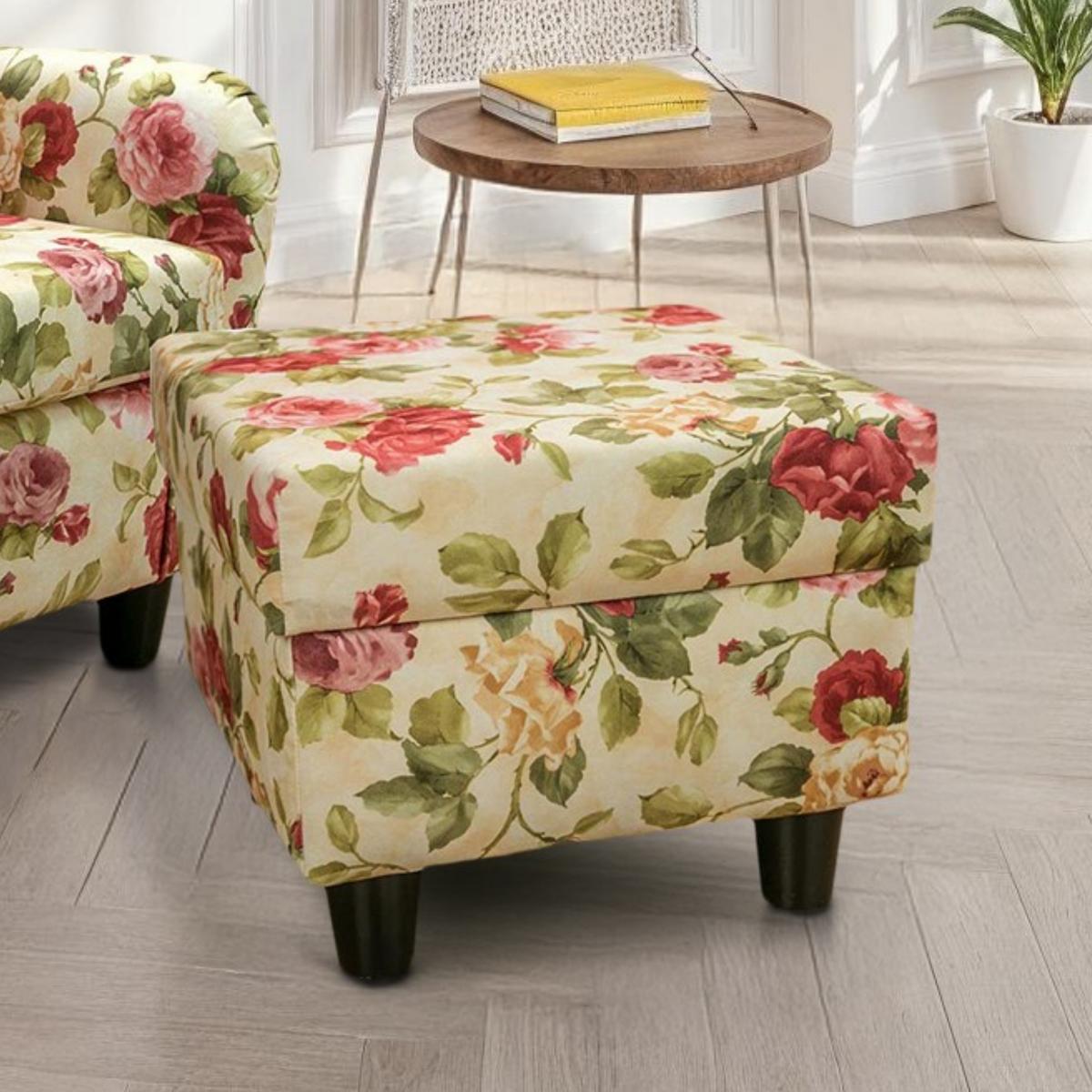 OHRENSESSEL mit HOCKER, hoher Sitzkomfort durch Wellenunterfederung B90/H98/T76 cm, Webstoff Blumenmuster bunt / 18004 - Multicolor/Schwarz, Holz/Textil (90/98/76cm) - luma-home
