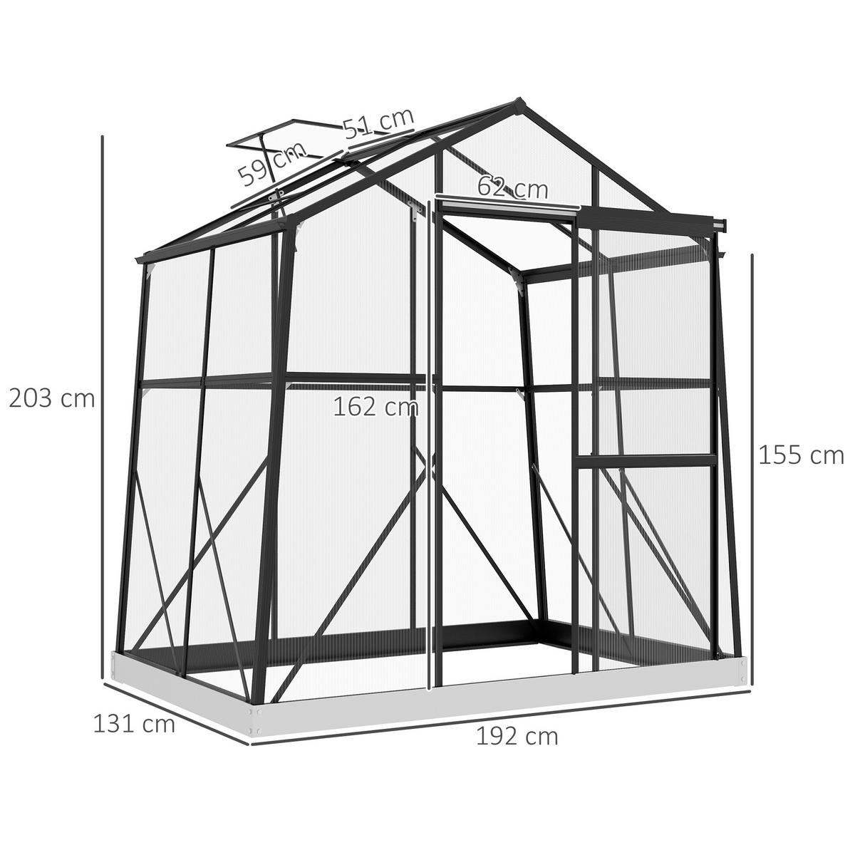 ALU-GEWÄCHSHAUS, mit Fenster, Schiebetür, Fundament, für Garten, Balkon, Schwarz - Schwarz, Metall (131/203/192cm) - Outsunny