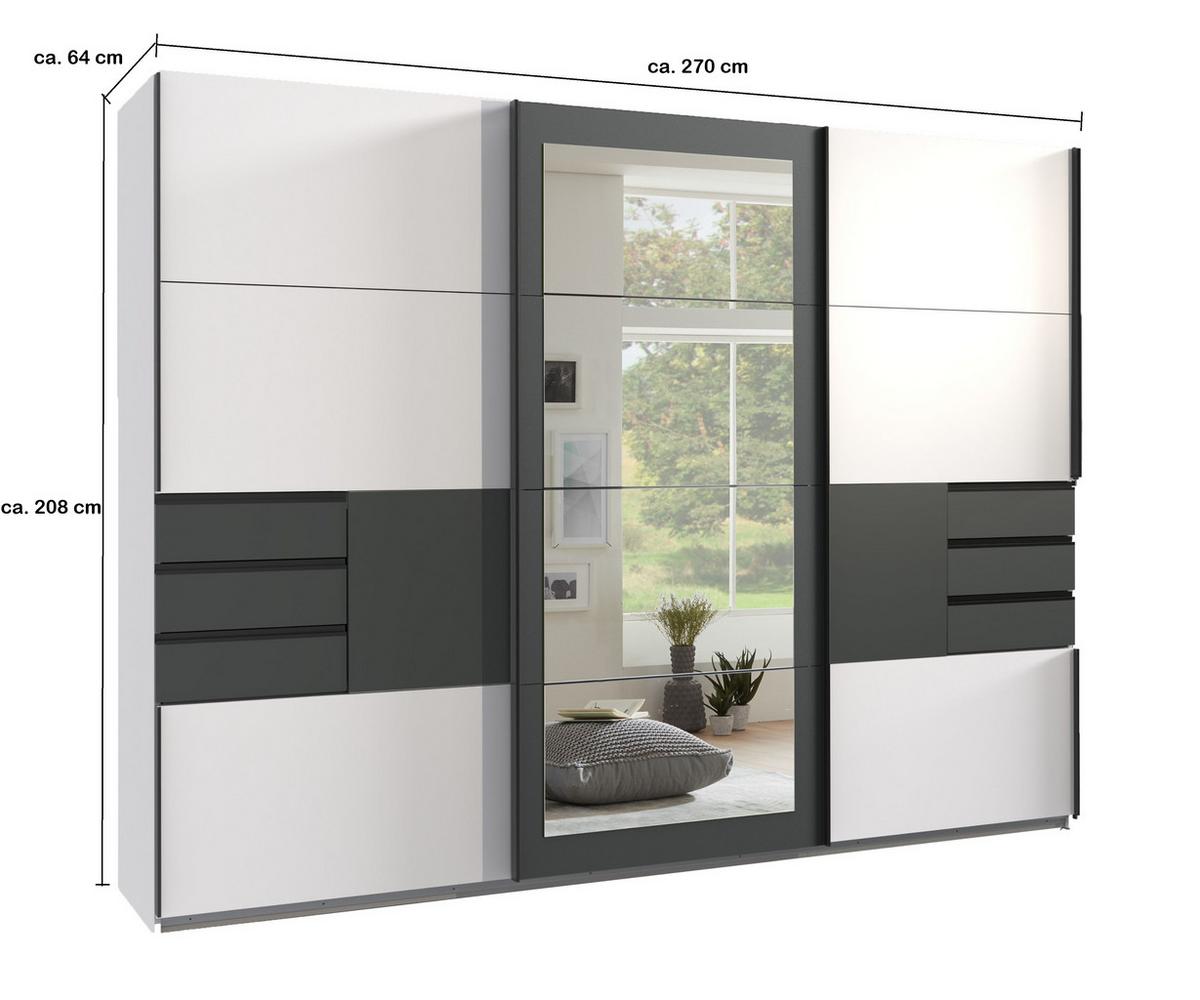SCHWEBETÜRENSCHRANK 3-türig B270/H208/64 cm in Weiß mit Absetzungen in Grafit, Spiegel & Schubladen, Kleiderschrank inkl. Vollausstattung / 22502 - Blau/Graphitfarben, Holzwerkstoff/Metall (270/208/64cm) - luma-home