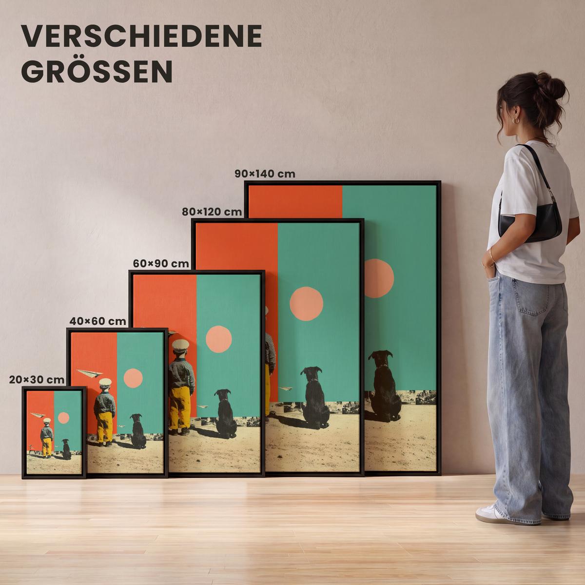 LEINWAND Bilder mit Rahmen - Retro - Junge - Hund - Rot - Grün - 40x60 - Orange, Textil (40/60cm) - MuchoWow