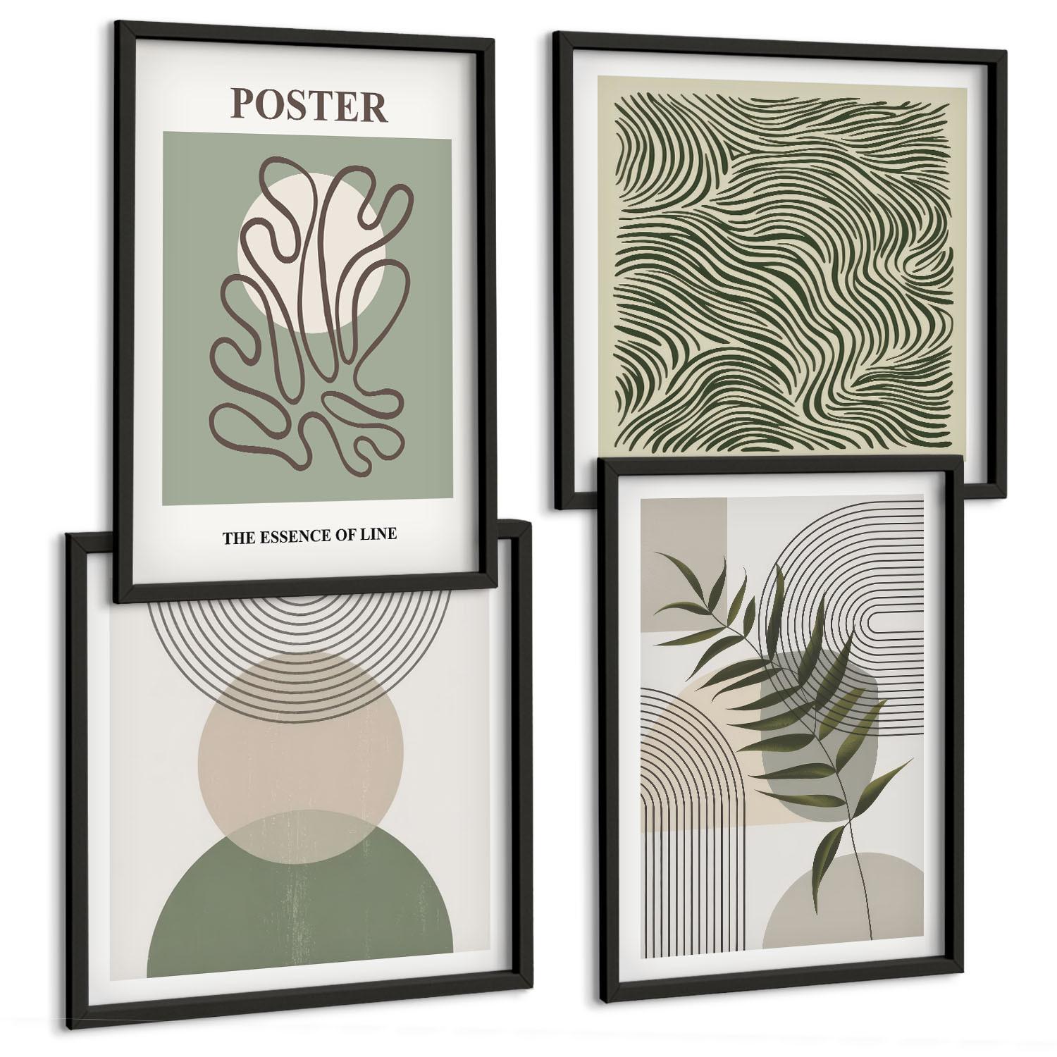 BILDER SET 4er Set - 50x50 cm & 40x60 cm Schwarzer Rahmen - Geometrische botanische Muster - Schwarz, Kunststoff (50/50cm) - TULUP