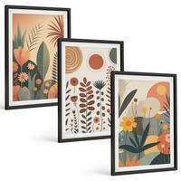 BILDER SET 3er Set - 40x60 cm Schwarzer Rahmen - Boho-Pflanzenmuster Natur - Schwarz, Kunststoff (40/60cm) - TULUP