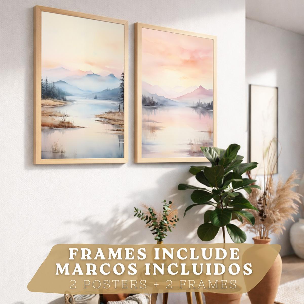 POSTER 2er-Set Wandbilder Sonnenuntergang modern Wohnzimmer Deko, Schlafzimmer, Küche, Badezimmer Rahmenlos A3 - Beige, Papier (29.7/1/42cm) - Nacnic