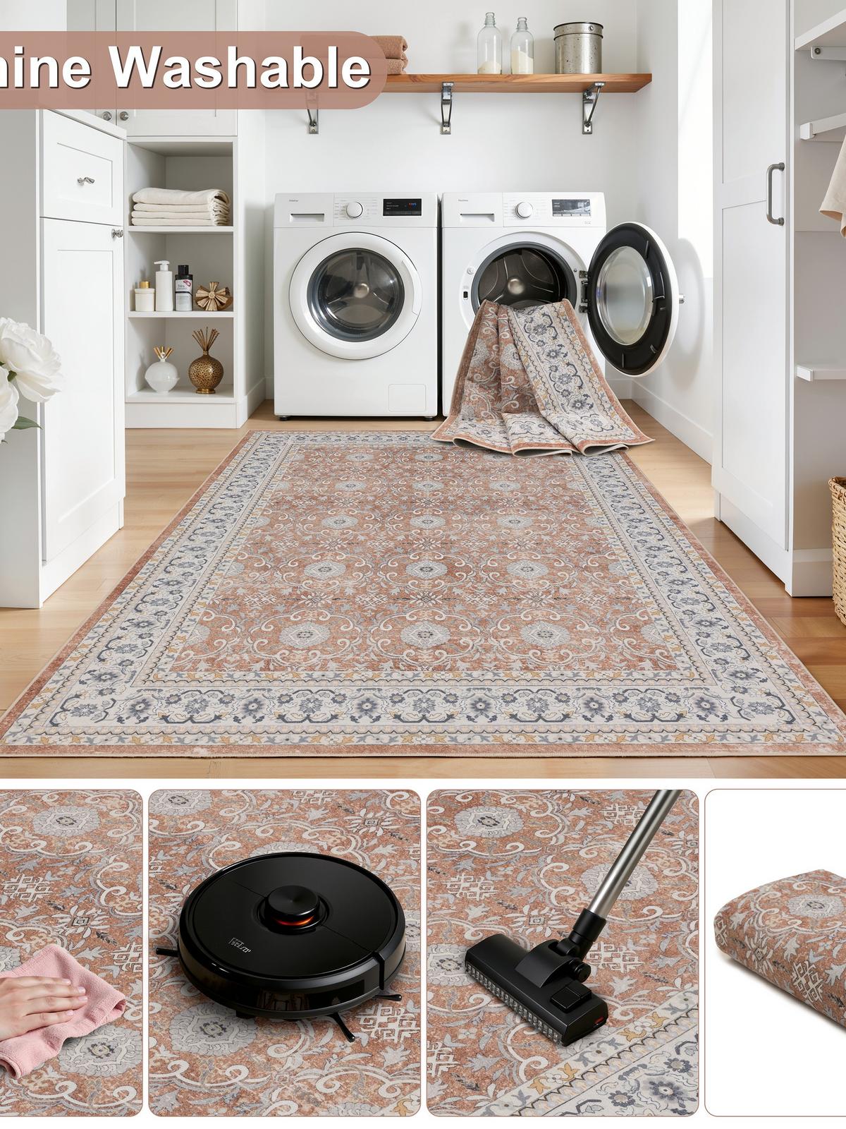 TEPPICH Kurzflor, waschbar, mit floralen Ornamenten, VERNANTE in Terrakotta-Creme, 120 x 170 cm - Rot, Textil (120/170cm) - KADIMA DESIGN