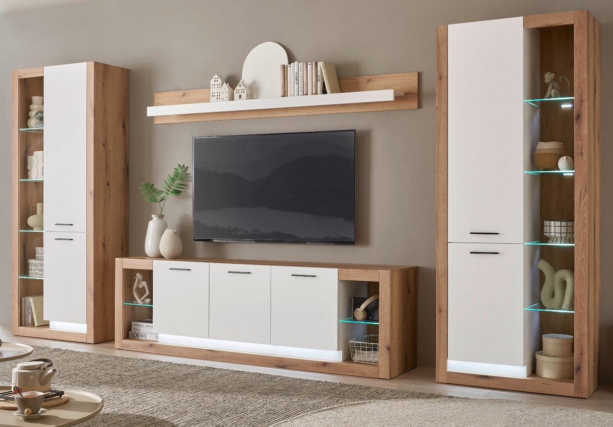 WOHNWAND weiß matt, Evoke Eiche, Wohnkombination Set 4-teilig 398 cm - Eichefarben/Silberfarben, Glas/Holzwerkstoff (398/195/43cm) - Furn.Design