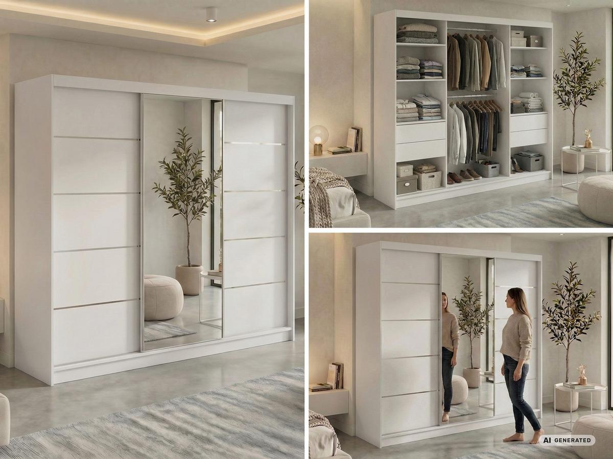SCHWEBETÜRENSCHRANK mit Schubladen 240 - SKORIA - Weiß mit Spiegel - Alufarben/Weiß, Holzwerkstoff/Metall (240/216/61cm) - MKS
