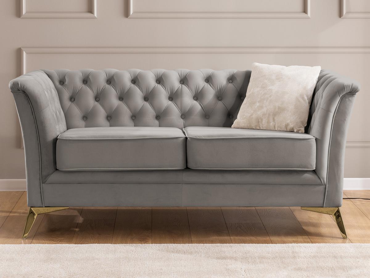CHESTERFIELD-SOFA 2-sitzer Whitby Grau Samt mit goldenen Füßen - Goldfarben/Grau, Holz/Textil (175/78/82cm) - S-Style Möbel