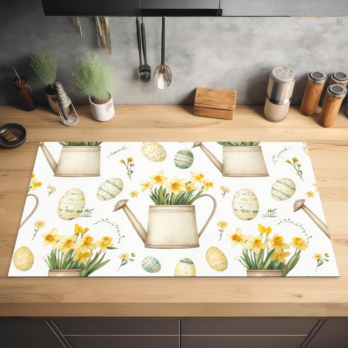 HERDABDECKPLATTE Gießkanne - Blumen - Eier Ceranfeldabdeckung 90x52 cm - Weiß, Kunststoff (90/52/0.2cm) - MuchoWow