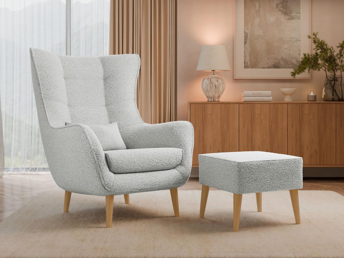 SESSEL Estjano Boucle mit Fußbank - Beige/Hellgrau, Holz/Textil (80/106/95cm) - MIRJAN24