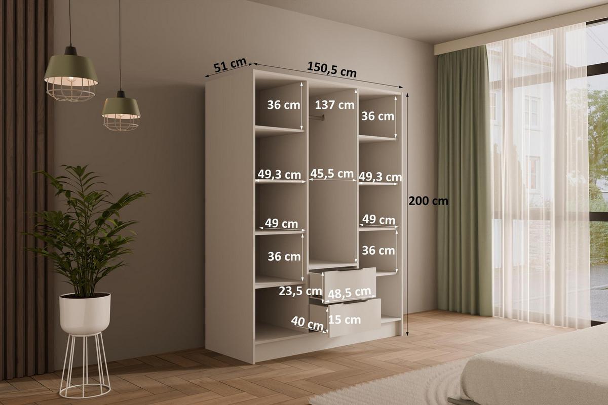 KLEIDERSCHRANK mit Flügeltüren KOLIN 150x200cm Weiß / Weiß - Weiß, Holzwerkstoff (150/200/51cm) - ALTDECOR