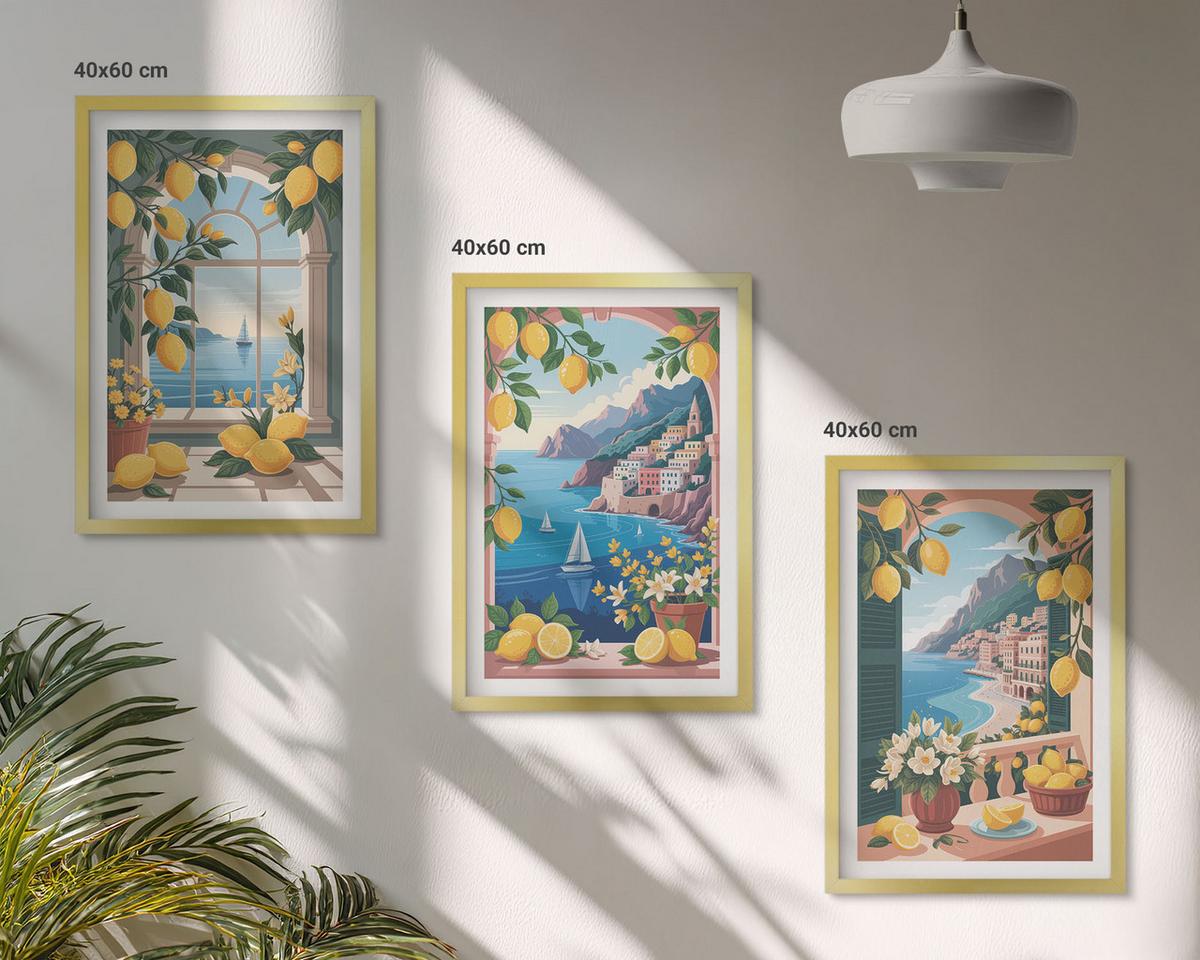BILDER SET 3er Set - 40x60 cm Goldrahmen - Meerblick, italienische Zitronen - Goldfarben, Kunststoff (40/60cm) - TULUP