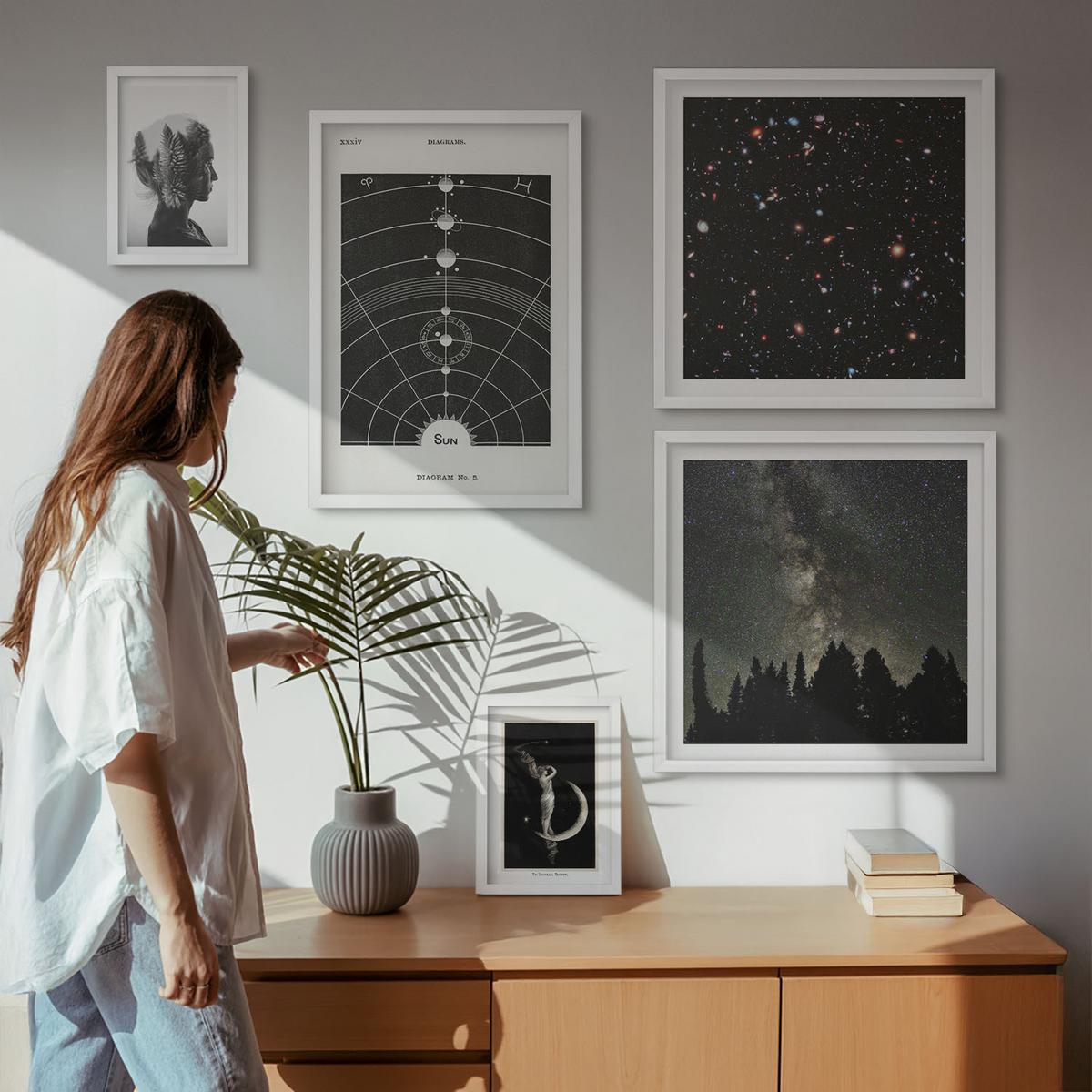 BILDER SET 5er Set - 50x50 cm & 20x30 cm & 40x60 cm Weißer Rahmen - Galaxie im Sonnensystem - Weiß, Kunststoff (40/60cm) - TULUP