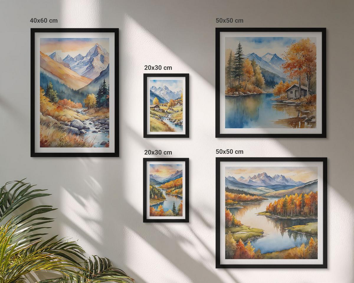 BILDER SET 5er Set - 50x50 cm & 20x30 cm & 40x60 cm Schwarzer Rahmen - Berglandschaft, Flusshütten - Schwarz, Kunststoff (40/60cm) - TULUP