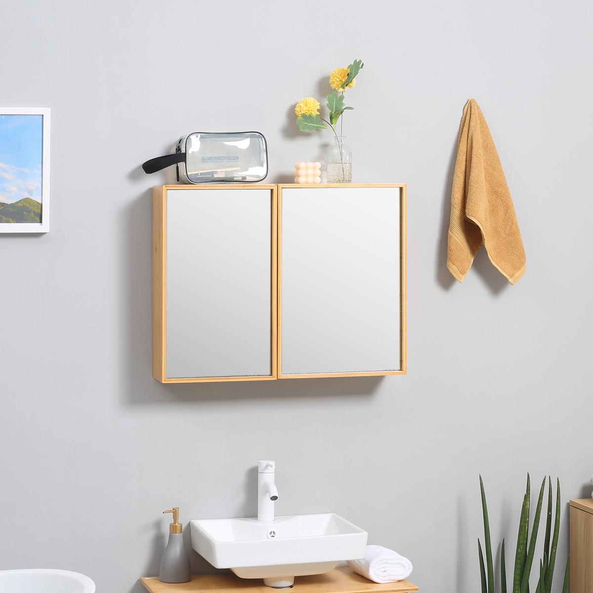SPIEGELSCHRANK mit 3 Innenböden, Doppeltür, Bambus, Natur, 65,2 x 14 x 50 cm - Naturfarben, Glas (65.2/50/14cm) - Kleankin