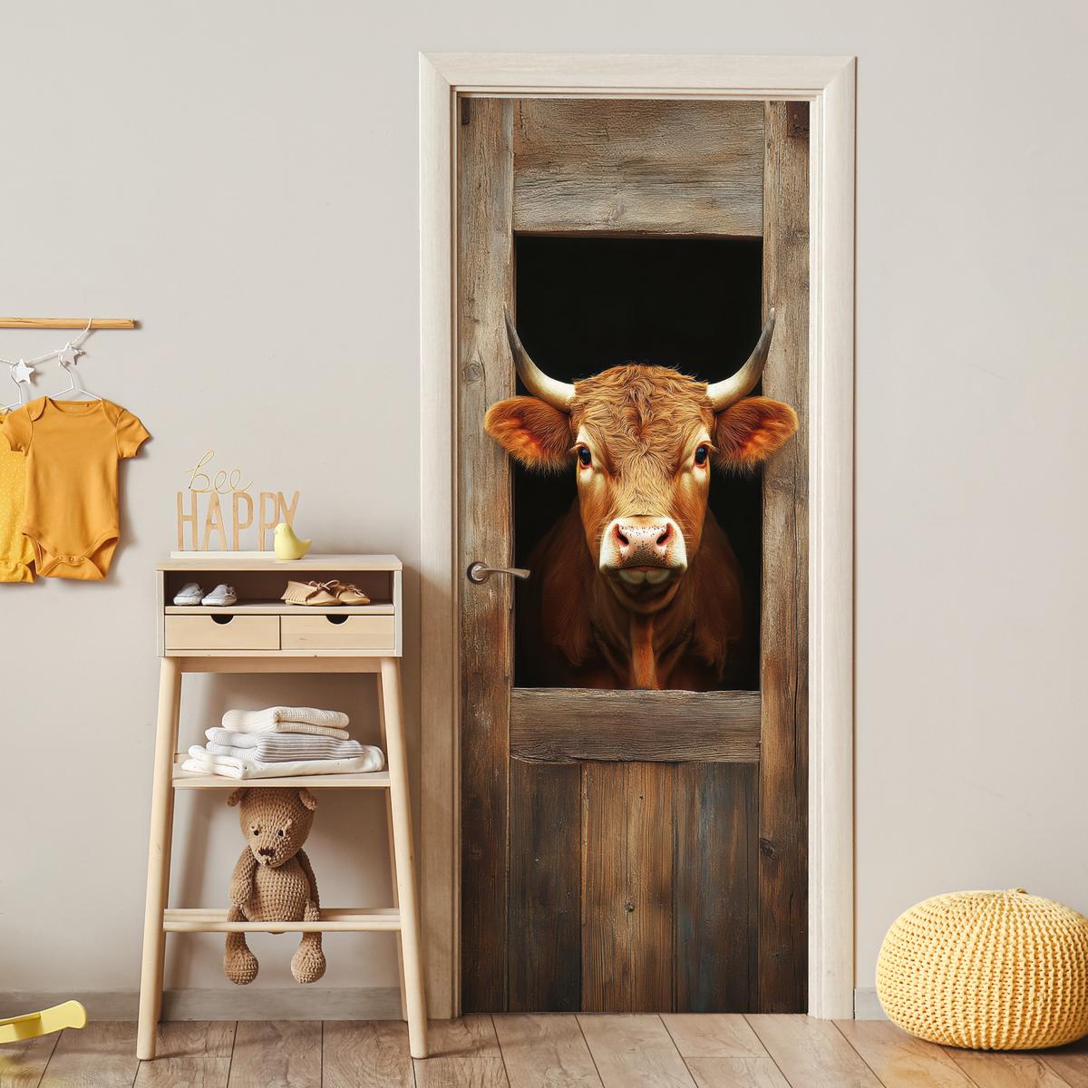 TÜRAUFKLEBER Kuh - Fenster - Holz - Tiere 90x235 cm - Türtapete - Wengefarben, Kunststoff (90/0.1cm) - MuchoWow