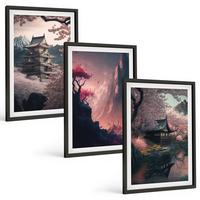 BILDER SET 3er Set - 40x60 cm Schwarzer Rahmen - Fantasielandschaften der japanischen Berge - Schwarz, Kunststoff (40/60cm) - TULUP