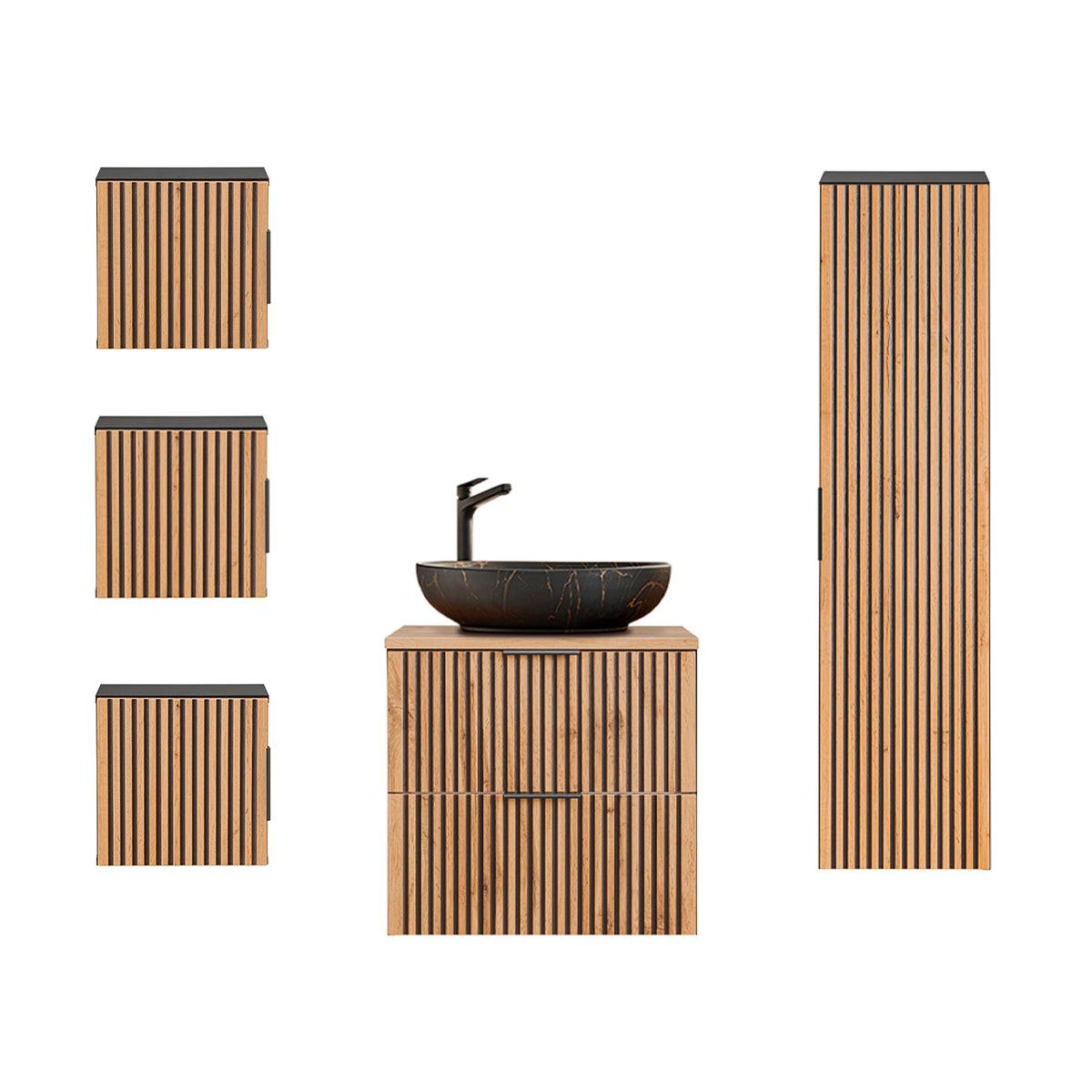 BADMÖBEL 60.6cm Gaia 2er-Set Holz in Eichenoptik und Schwarz - Braun, Holzwerkstoff (60.6/59/46cm) - Petits-meubles