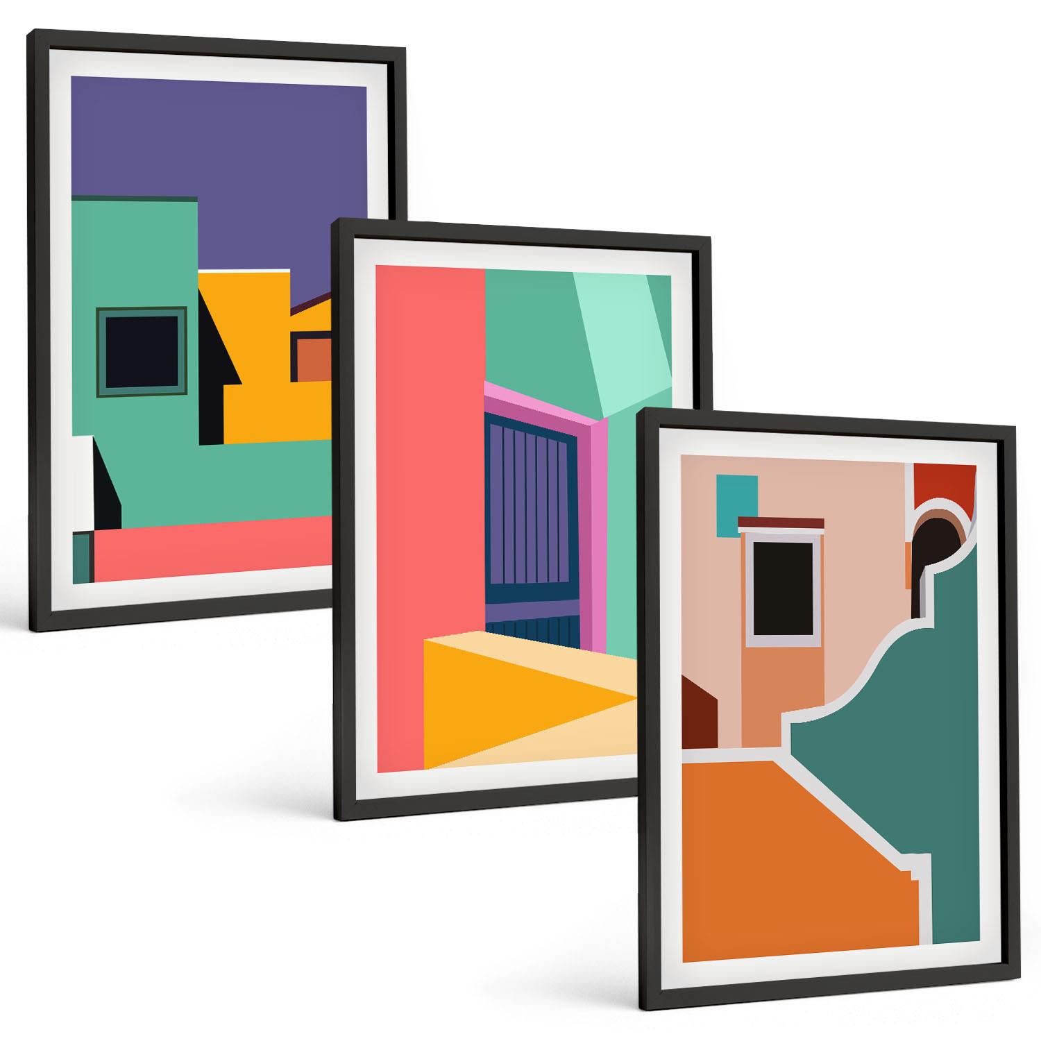 BILDER SET 3er Set - 40x60 cm Schwarzer Rahmen - Farbenfrohe Illustrationen der Stadt - Schwarz, Kunststoff (40/60cm) - TULUP