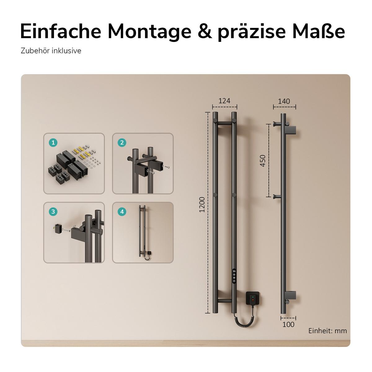HEIZKÖRPER elektrisch vertikal 120 x 12,4 cm mit Smart-Steuerung Anthrazit - Anthrazit, Metall (12.4/120/14cm) - EMKE