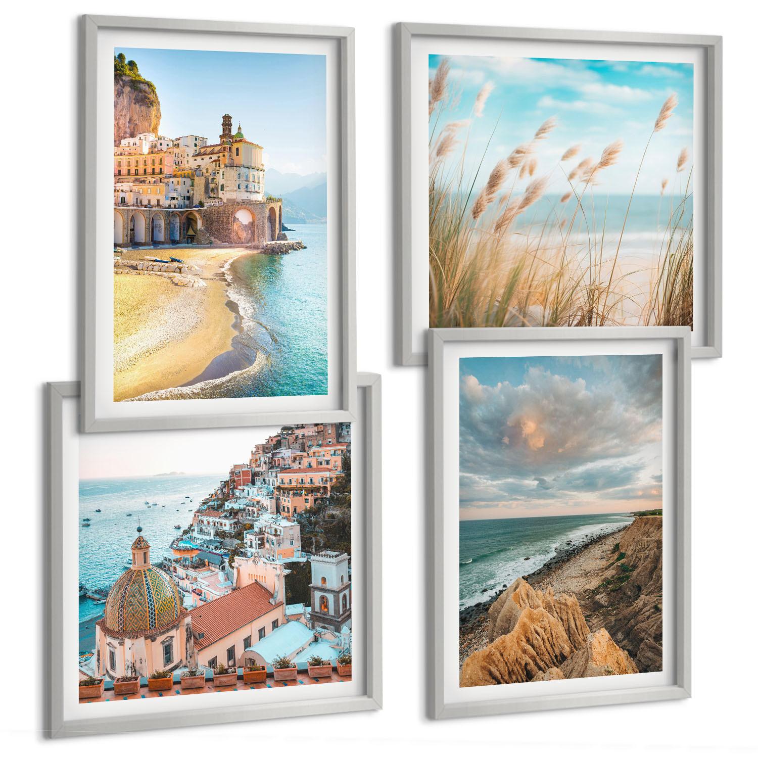 BILDER SET 4er Set - 50x50 cm & 40x60 cm Silberner Rahmen - Landschaften Strand Stadt Klippen - Silberfarben, Kunststoff (50/50cm) - TULUP