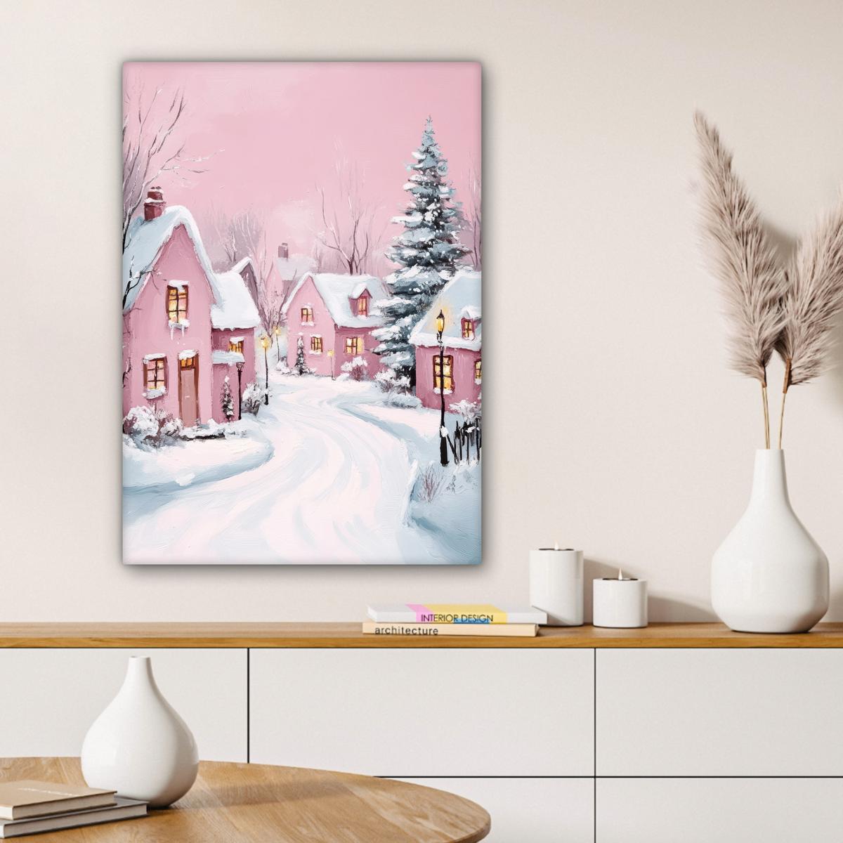 LEINWANDBILD Weihnachtsdorf - Rosa - Winter - Schnee - Häuser Wandbild Wohnzimmer 60x80 cm - Altrosa, Textil (60/80cm) - MuchoWow