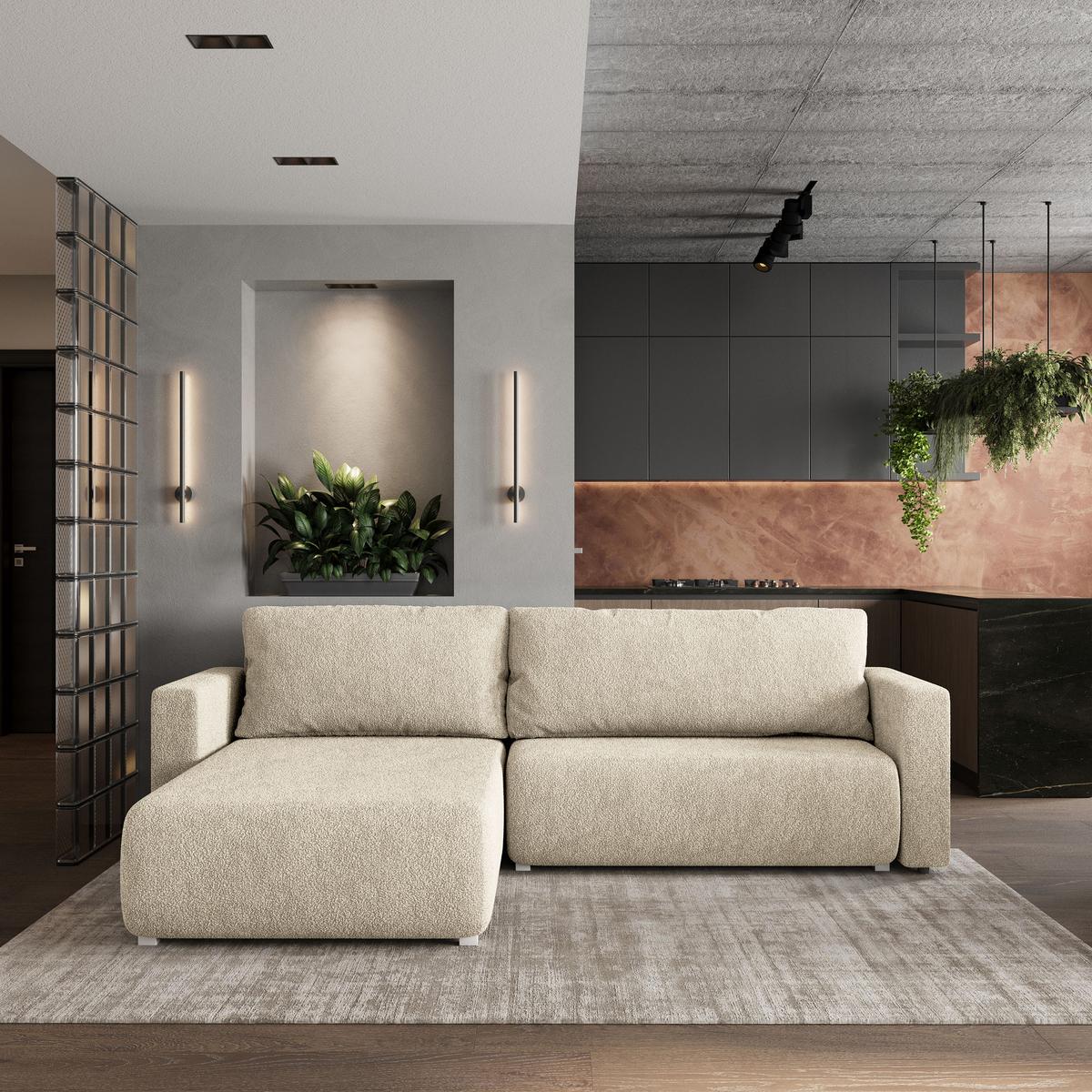 ECKSOFA TURIN N Creme Bucle-Stoff mit Schlaffunktion - Creme/Grau, Holz/Kunststoff (265/183cm) - MASSENO