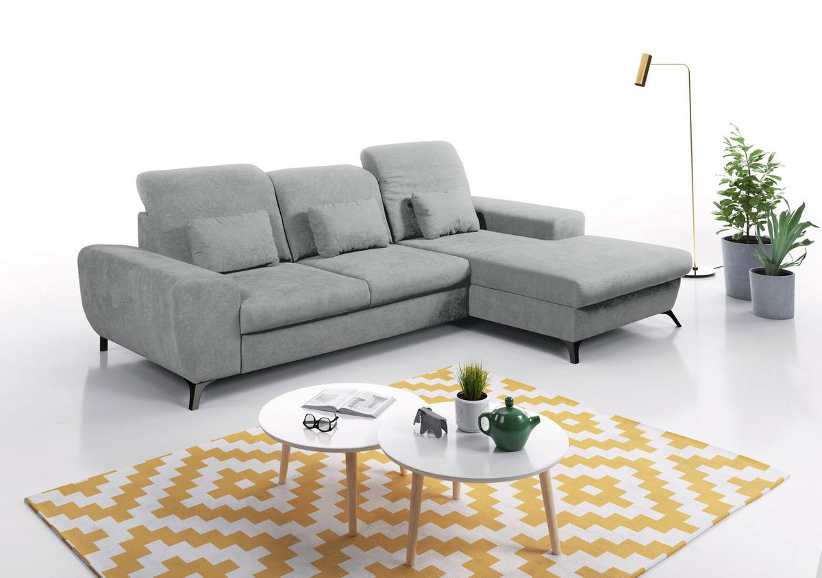 ECKSOFA LUCE R-S Grau Plüsch-Stoff mit Schlaffunktion - Grau, Holz (279/172cm) - MASSENO