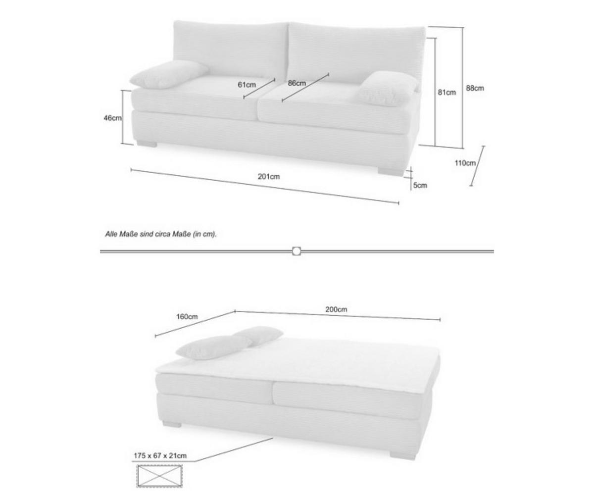 DAUER-SCHLAFSOFA Federkern Topper Bettkasten B201/T110/H88 cm, Liegefläche 160x200 cm, Feincord Hellgrau / 15152 - Wildeiche/Eiche Bianco, Holz/Textil (201/88/110cm) - luma-home
