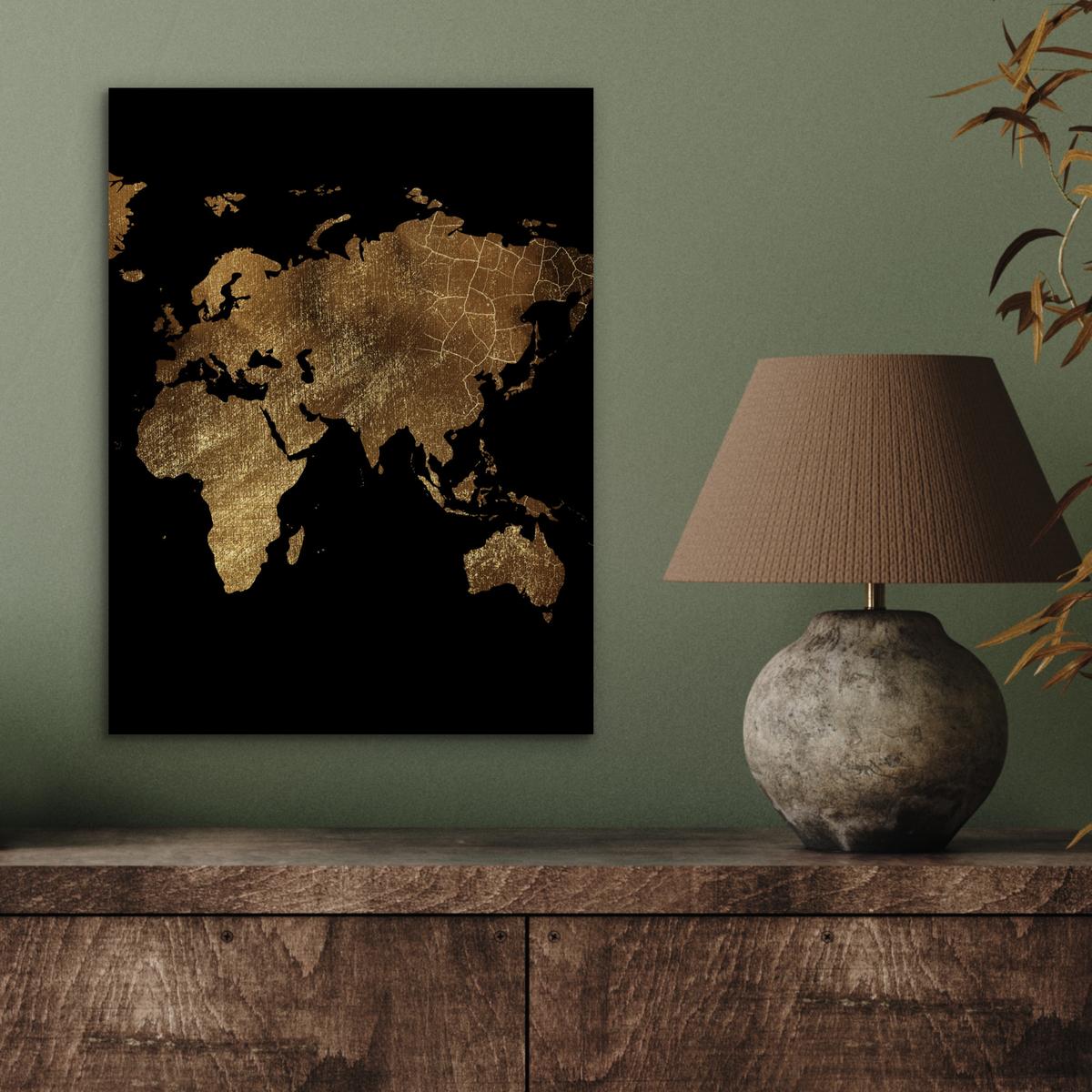METALLBILD Weltkarte - Gold - Luxus - Erde - Schwarz 30x40 cm - Goldfarben, Metall (30/40cm) - MuchoWow