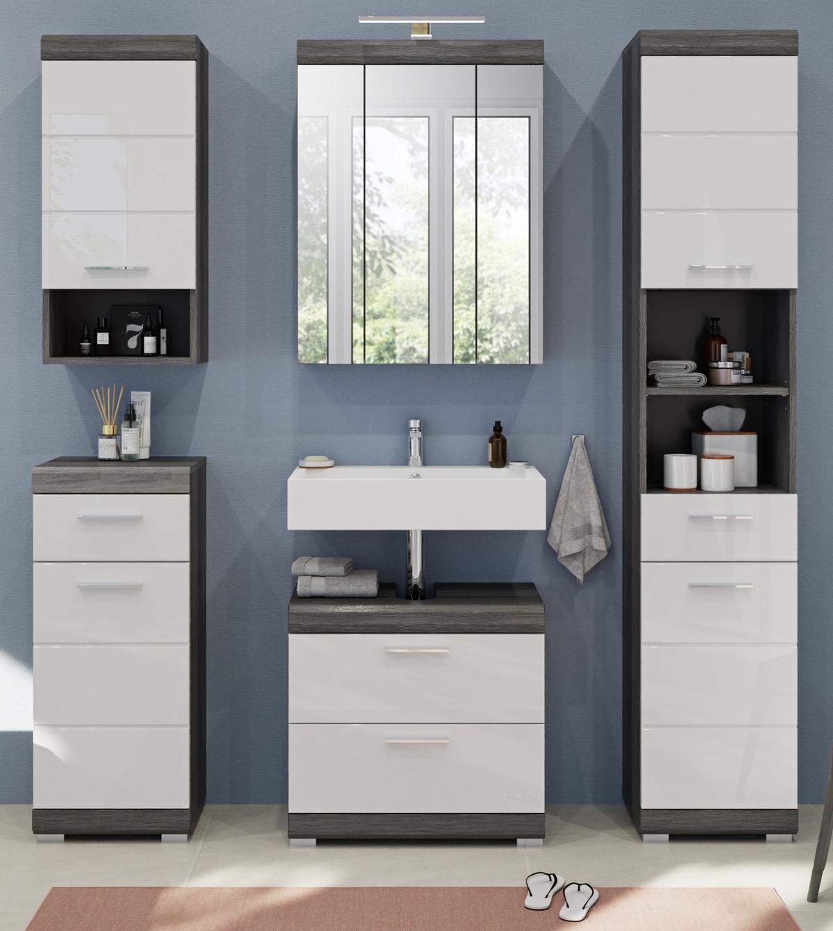 BADMÖBEL-SET weiß Hochglanz, grau 5-teilig 164 cm, Komplettset mit 20 Fächern - Weiß Hochglanz/Grau, Holzwerkstoff (164/191/34cm) - Inn.Furn