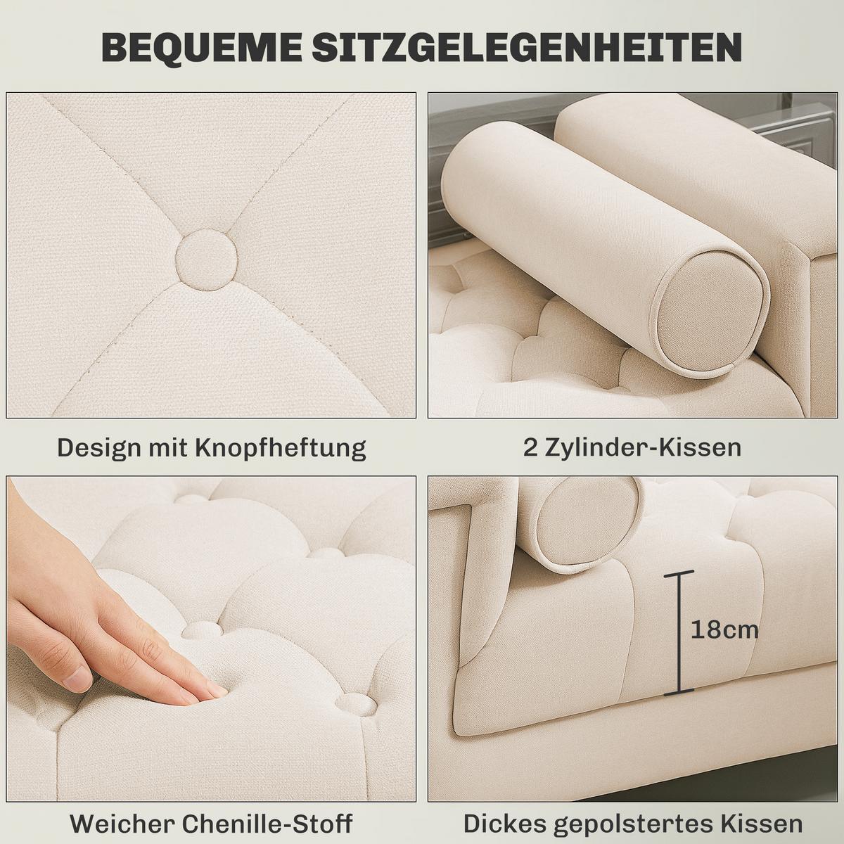 POLSTERBANK mit Chenille-Bezug, Armlehne, 115 x 44 x 58 cm Beige - Beige, Textil (44/58/115cm) - HOMCOM