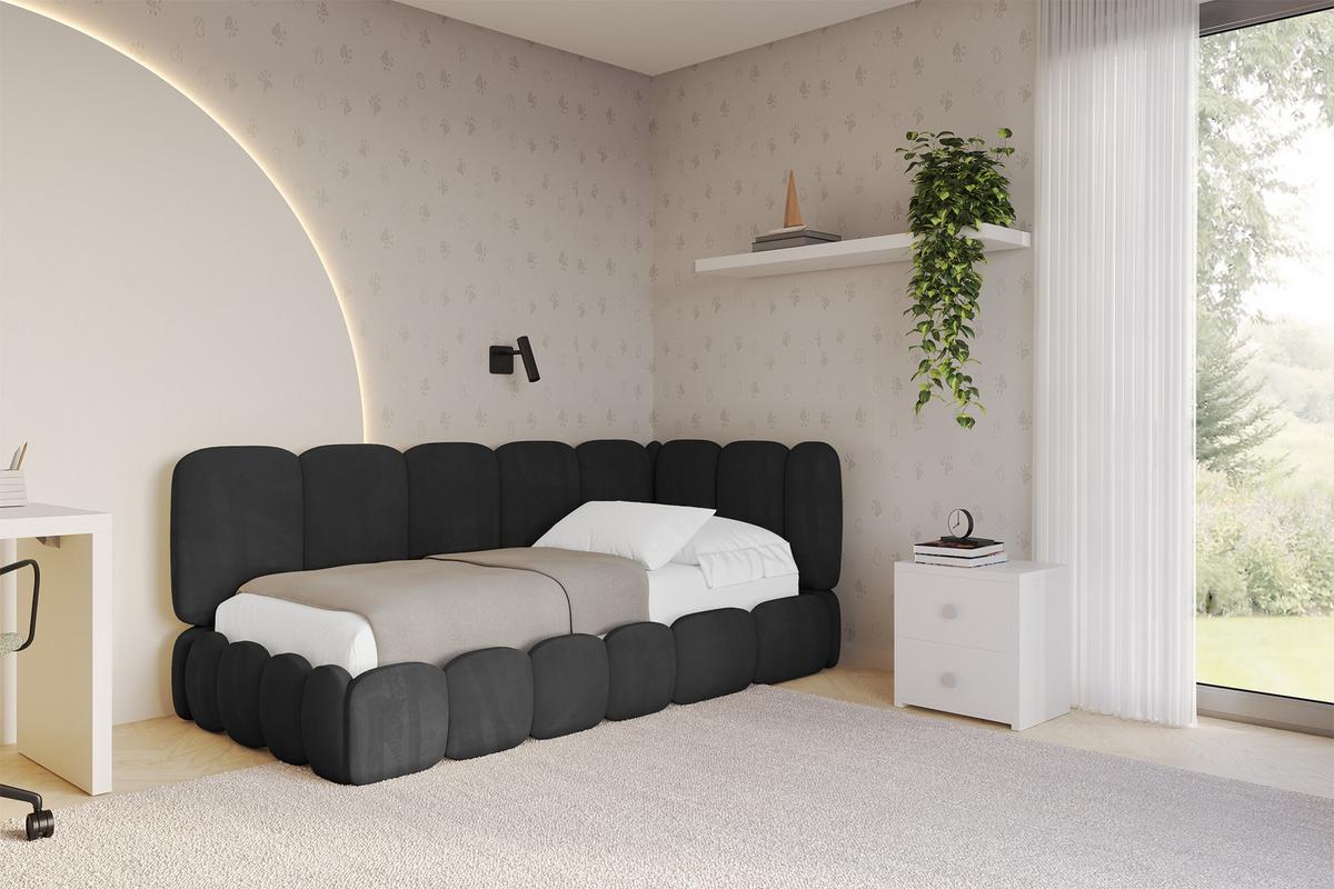EINZELLBETT Jugendbett mit Bettkasten und Matratze H3/H4, Links - AVRY 80x200 Schwarz - Schwarz, Holzwerkstoff/Textil (80/200cm) - ALTDECOR