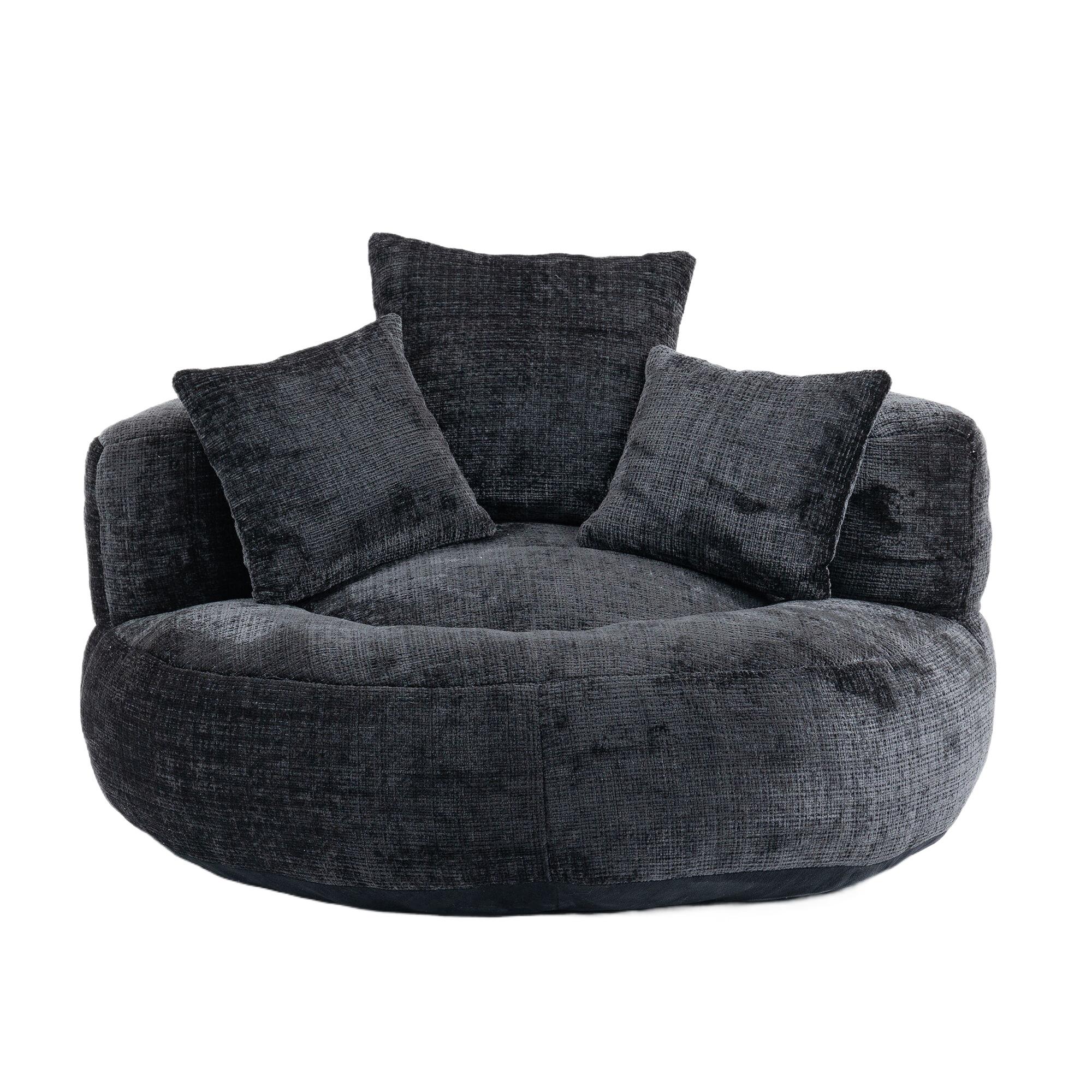 SESSEL chenille bodensessel rund mit kissen - Schwarz, Textil (108/52/108cm) - Urban Meuble