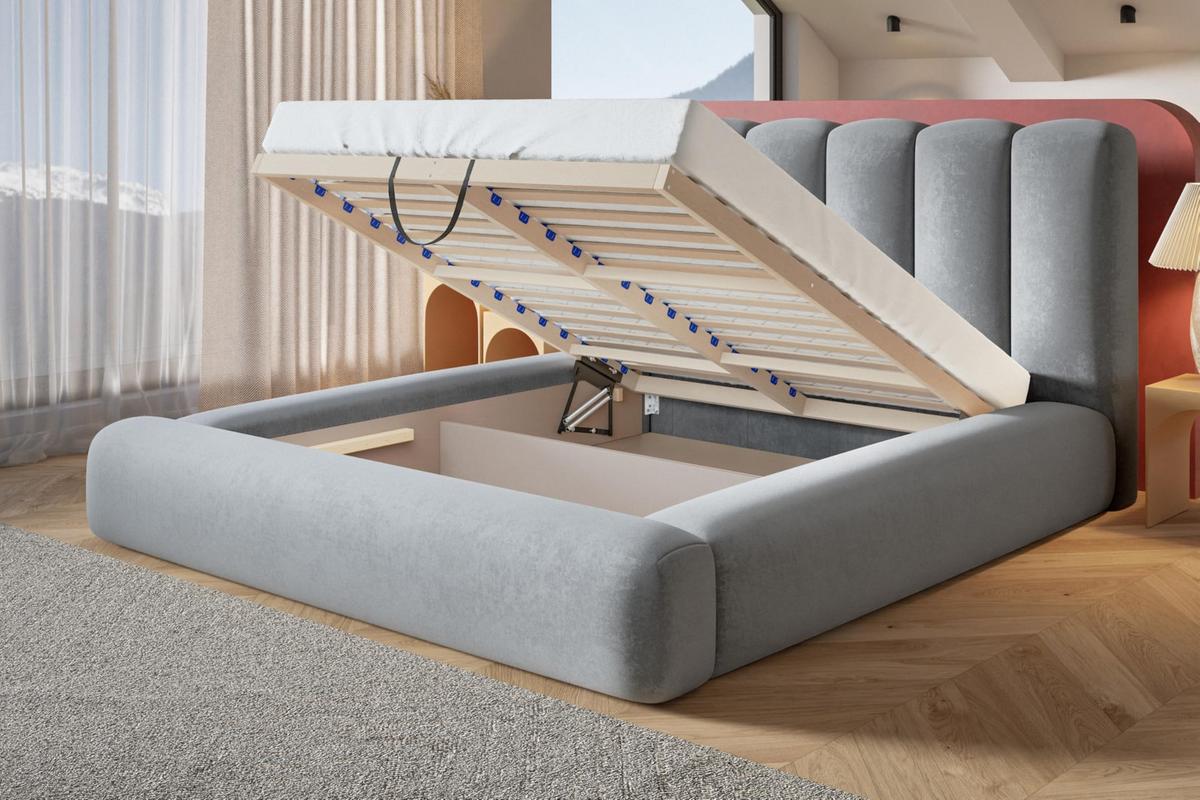 BETT 140x200 - Polsterbett mit Bettkasten und Holzrahmen - Modern Bett - Eleganter Catch Me-Stoff - Kollektion Alva Maxi - Grau - Grau, Holz/Textil (140/200cm) - Alpi-Möbel